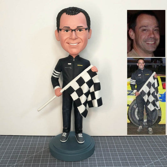 Custom F1 Racer Bobblehead with Chequered Flag