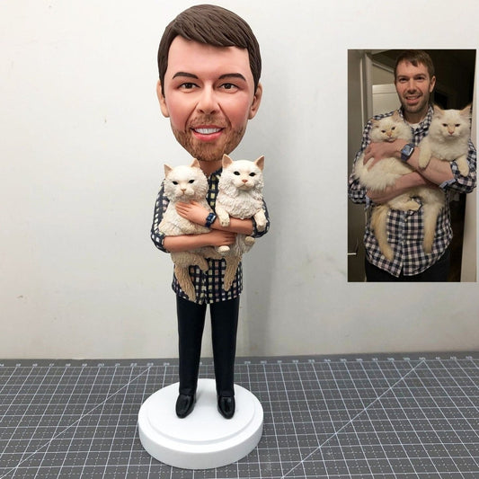 Custom man bobbleheads with 2 cats