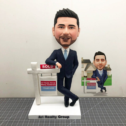 Custom Real Estate Agent Bobblehead with Business Card Holder