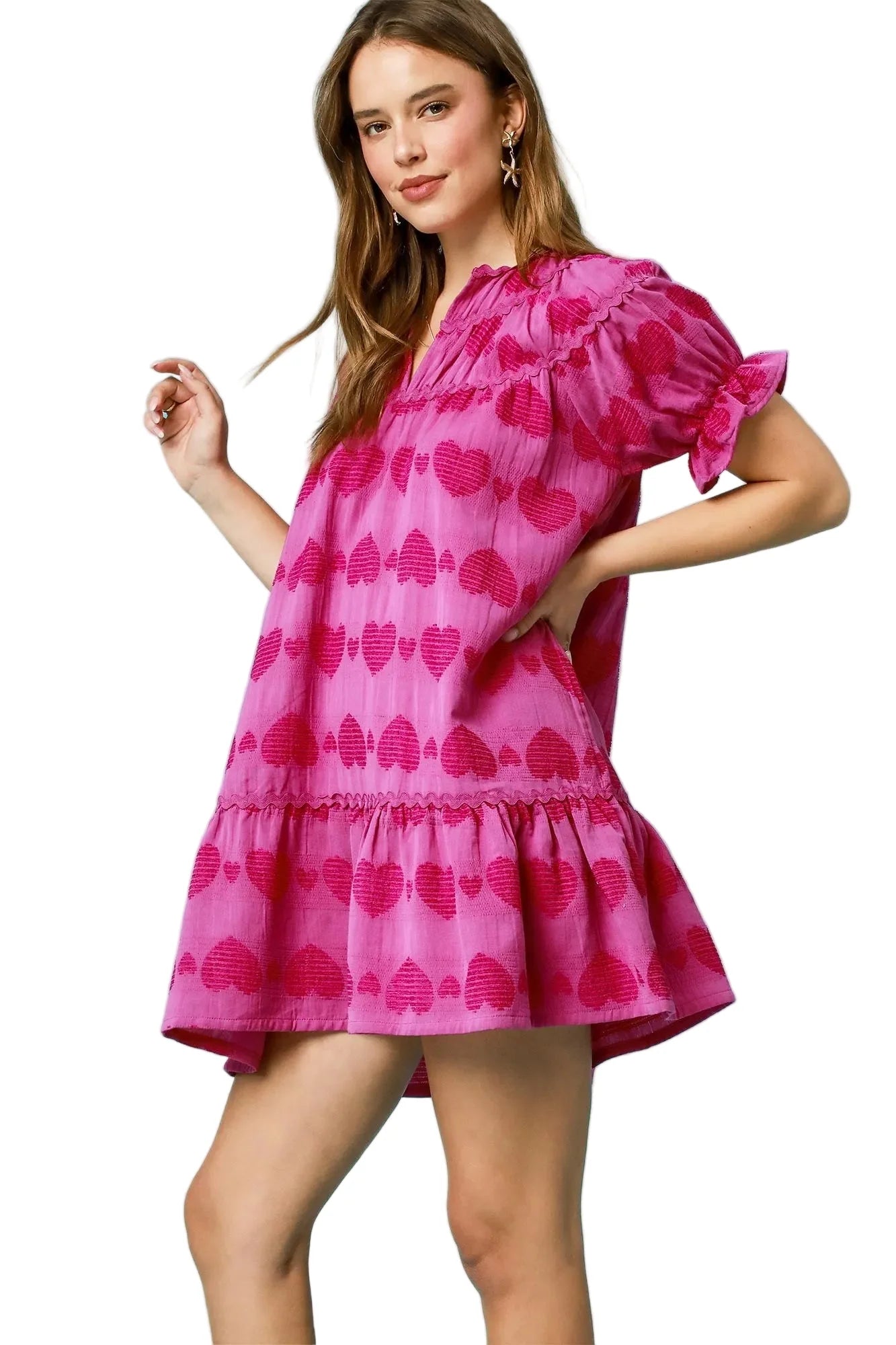 Heart Pattern Short Sleeve Ruffle Babydoll Dress