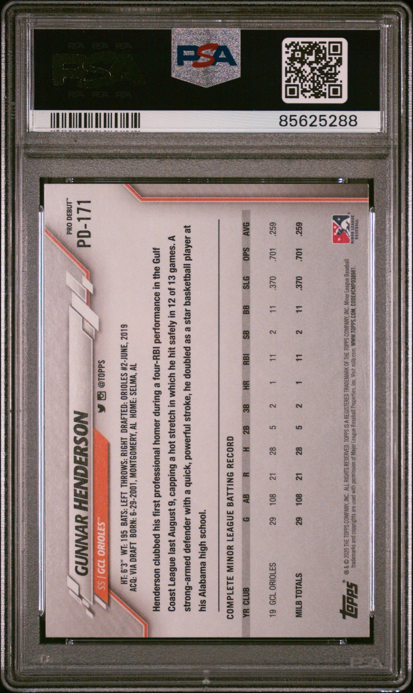 Graded 2020 Topps Pro Debut Gunnar Henderson #PD171 Rookie RC Baseball Card PSA 9 Mint