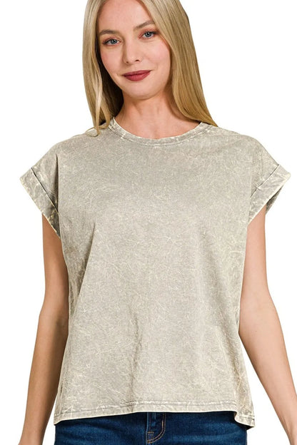 Zenana Crinkle Washed Round Neck Folded Short Sleeve Tee