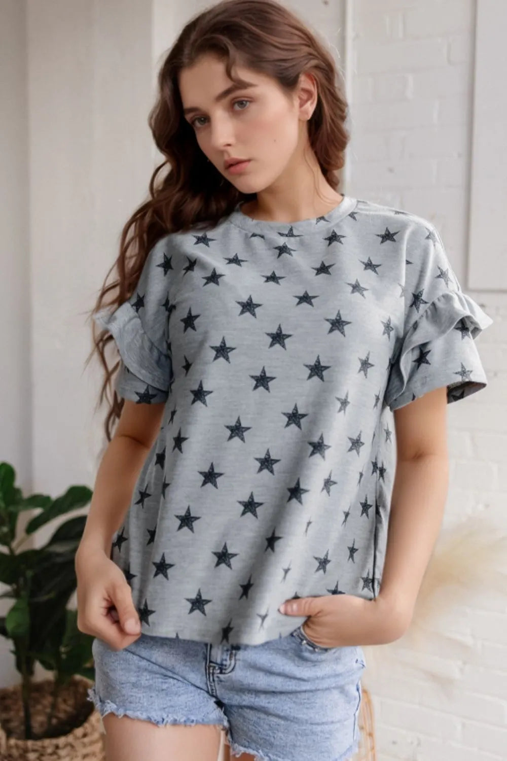 Star Print Tiered Ruffled Sleeve Crew Neck T Shirt