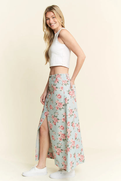 Jade By Jane Full Size Floral Print Front Slit Denim Maxi Skirt Plus Size