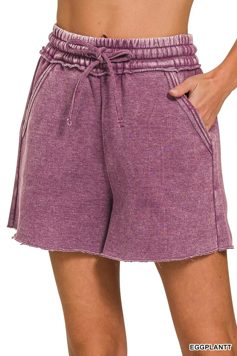 Zenana Acid Wash Fleece Drawstring Shorts With Pockets