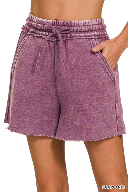 Zenana Acid Wash Fleece Drawstring Shorts With Pockets