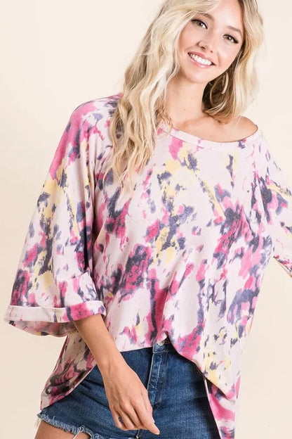 BiBi Tie Dye Print Terry A Line Top with Bell Sleeves