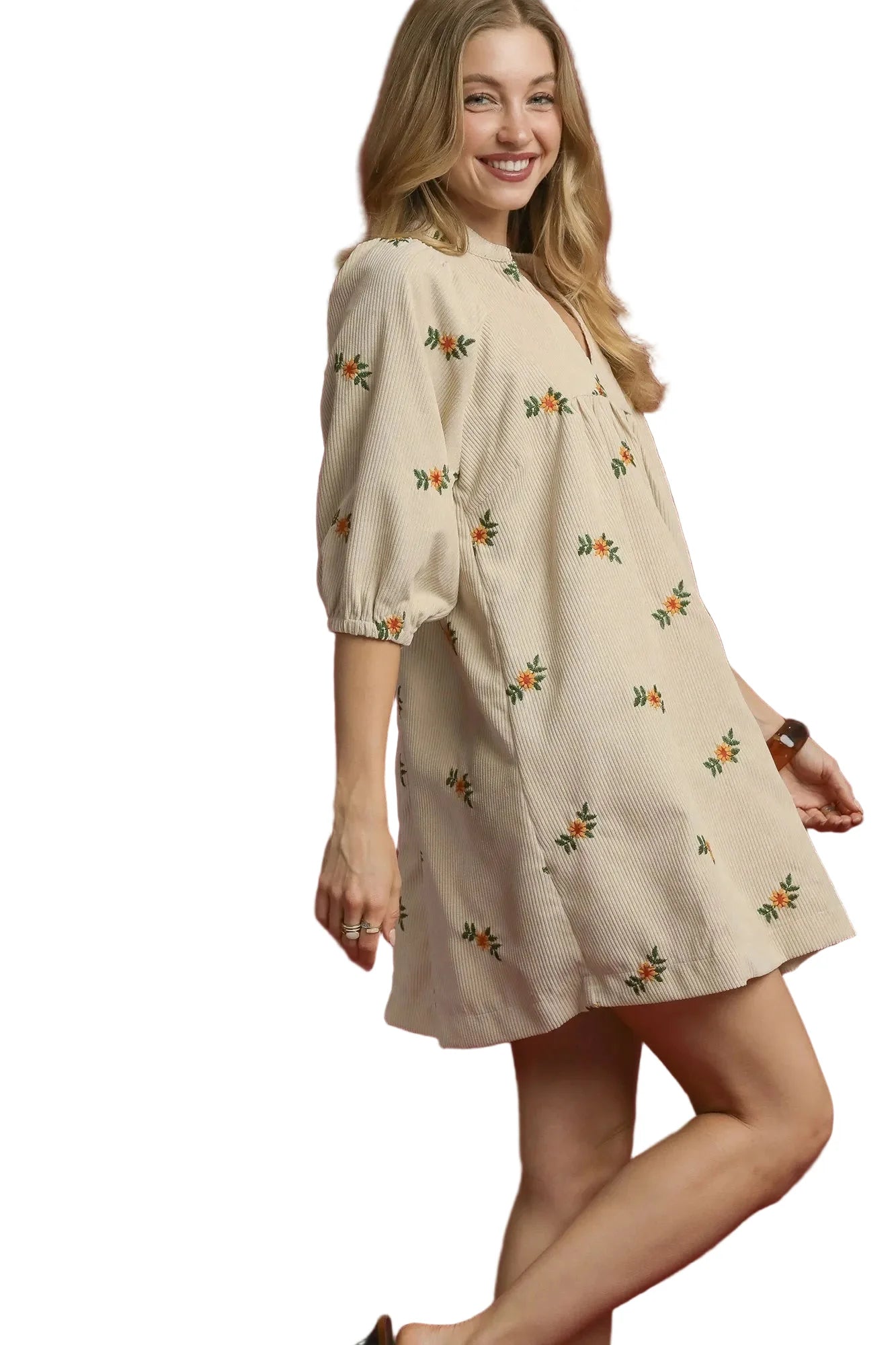 Corduroy Babydoll Dress with Floral Embroidery