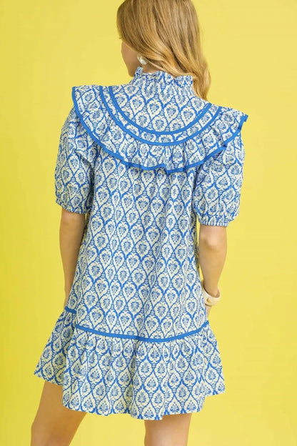 Ruffled Printed Puff Sleeve Mini Dress