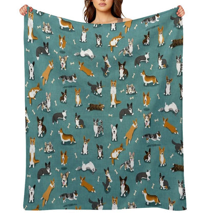 Cardigan Corgi Pattern on Teal Throw Blanket