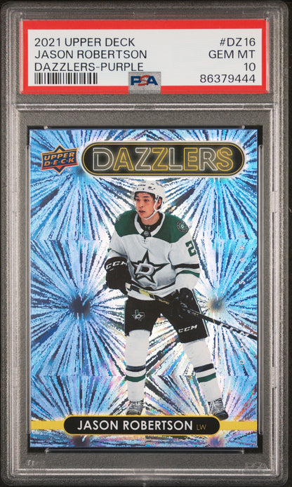 Graded 2021 Upper Deck Jason Robertson #DZ16 Dazzlers Purple Hockey Card PSA 10 Gem Mint