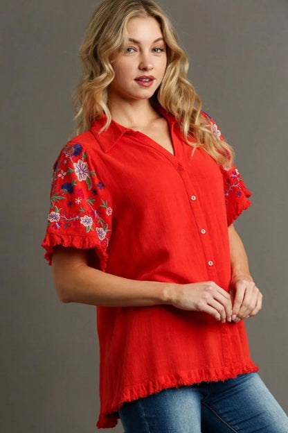 Umgee Full Size Linen Shirt with Embroidered Sleeves Plus Size
