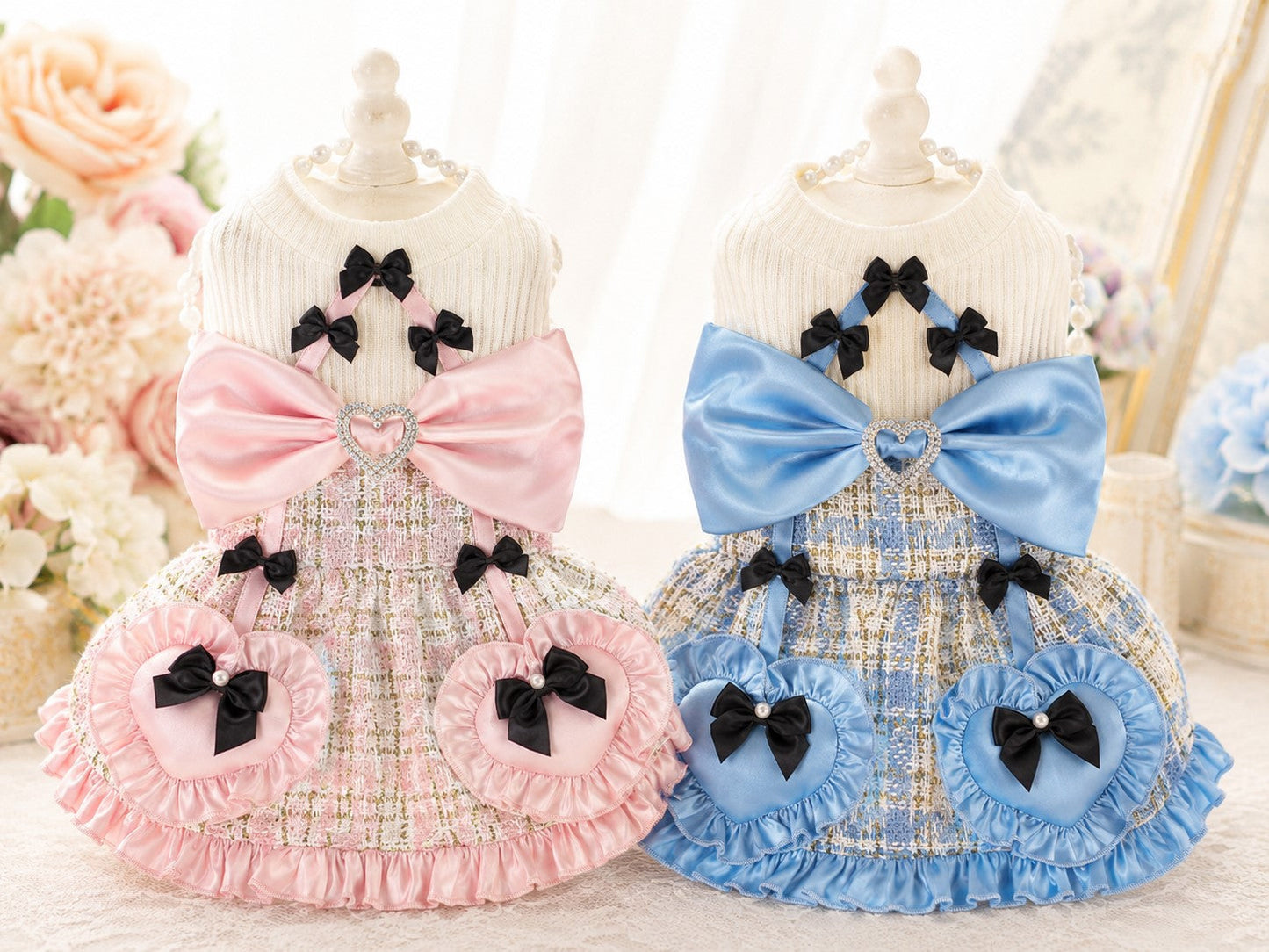Luxury Tweed Dog Dress with Satin Bow | Designer Princess Puppy Dress for Small Dogs