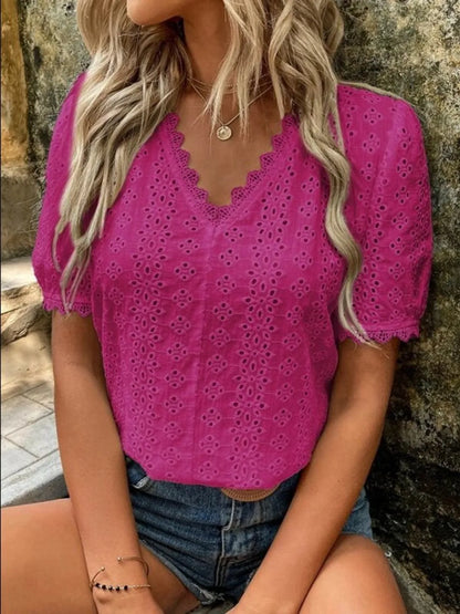 Full Size Eyelet V-Neck Short Sleeve Blouse Plus Size