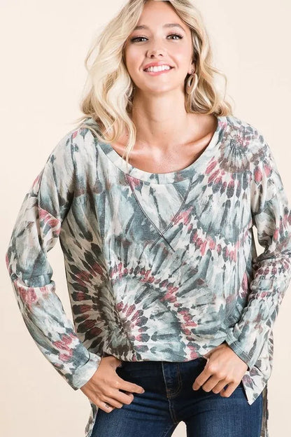 BiBi Tie Dye Terry Top with Contrast Stitching