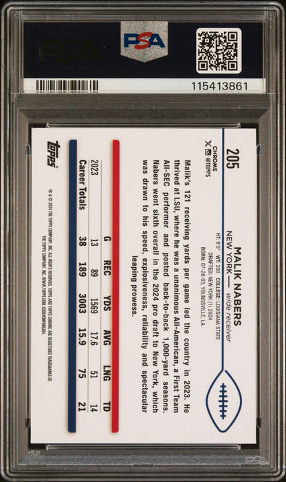 Graded 2024 Topps Chrome Malik Nabers #205 Rookie RC Football Card PSA 10 Gem Mint