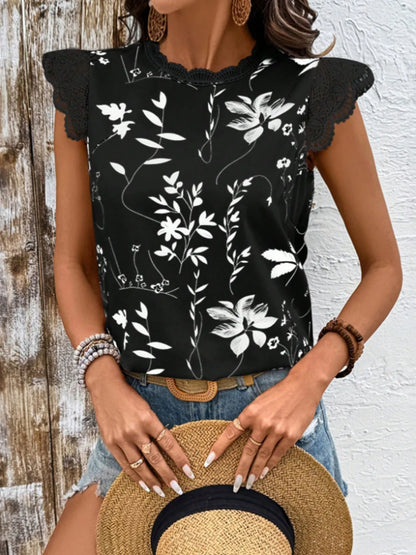 Lace Detail Printed Cap Sleeve Blouse