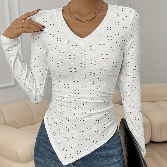 White Eyelet Cutout V-Neck Long Sleeve Top - Polyester Fitted