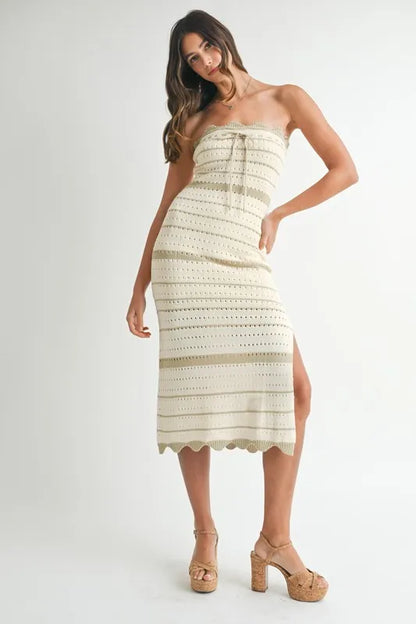 MABLE Contrast Striped Crochet Knit Midi Dress