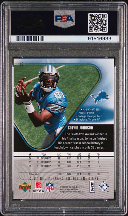 Graded 2007 Upper Deck Rookie Premiere Calvin Johnson #15 Rookie RC Football Card PSA 10 Gem Mint