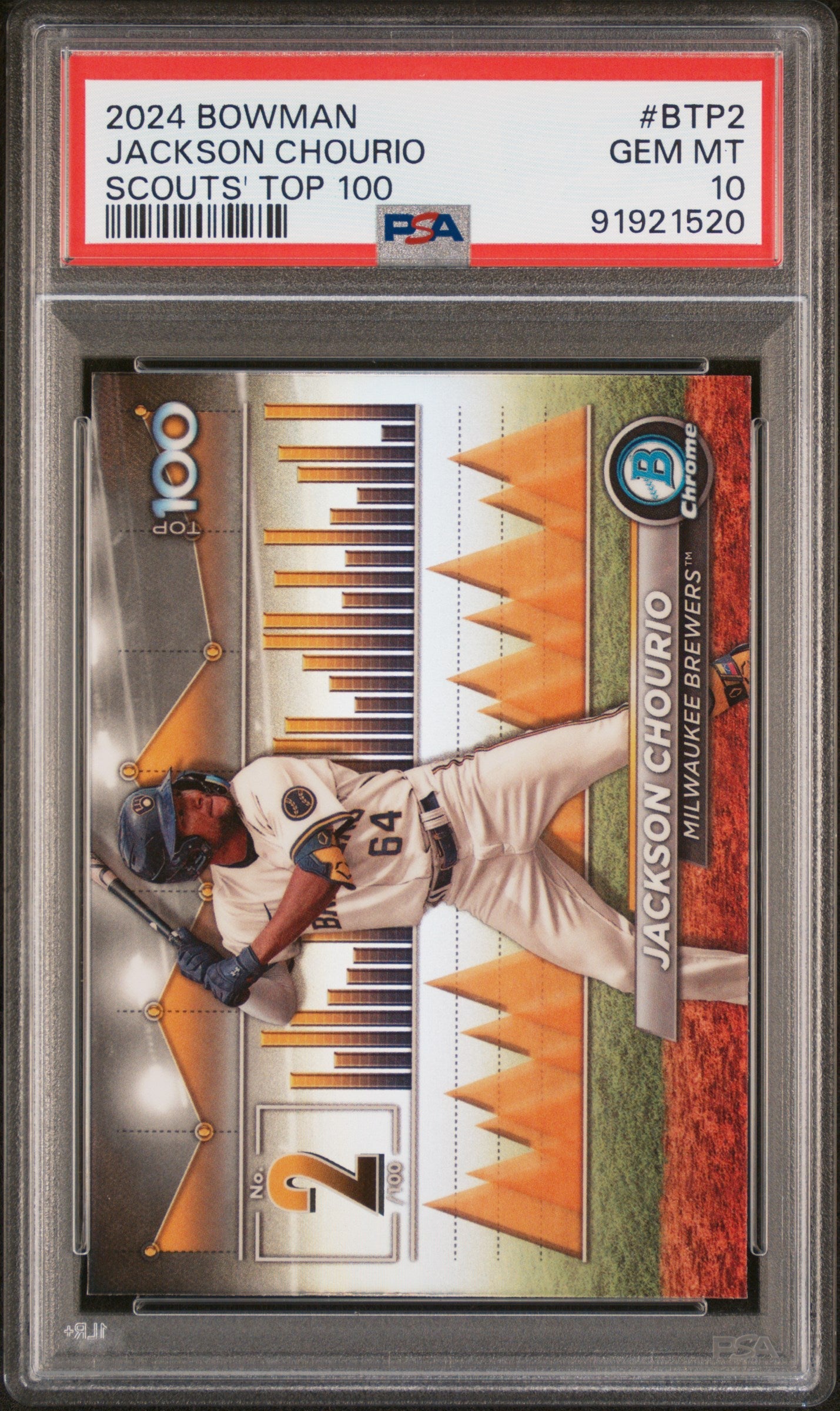 Graded 2024 Topps Bowman Jackson Chourio #BTP2 Scouts Top 100 Rookie RC Baseball Card PSA 10 Gem Mint