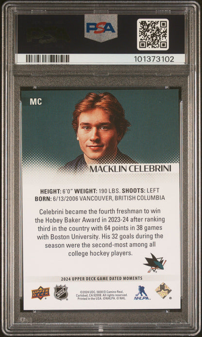 Graded 2024 Upper Deck Macklin Celebrini #MC Game Dated Moments Rookie RC Hockey Card PSA 10 Gem Mint