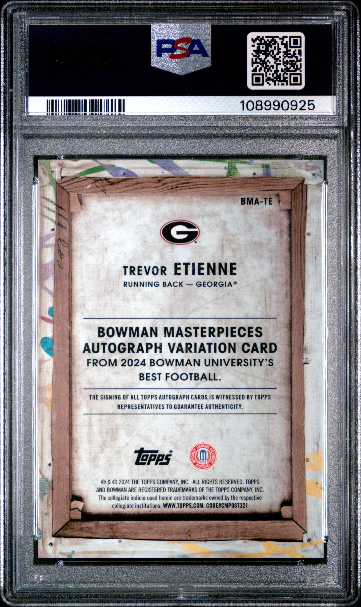 Graded 2024 Topps Bowman Best University Trevor Etienne #TE Bowman Masterpieces Auto Orange /25 Rookie RC Football Card PSA 10 Gem Mint