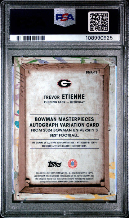 Graded 2024 Topps Bowman Best University Trevor Etienne #TE Bowman Masterpieces Auto Orange /25 Rookie RC Football Card PSA 10 Gem Mint