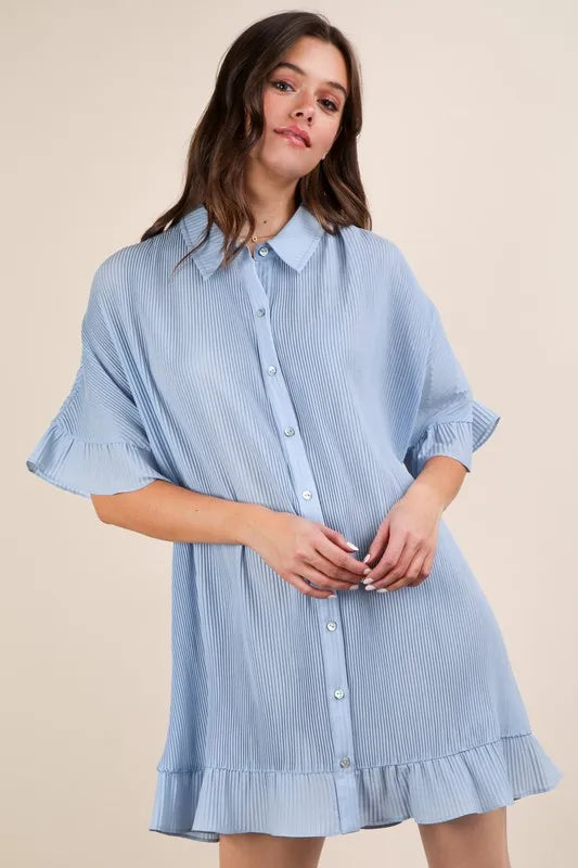 VERY J Pleated Detail Button Down Mini Dress