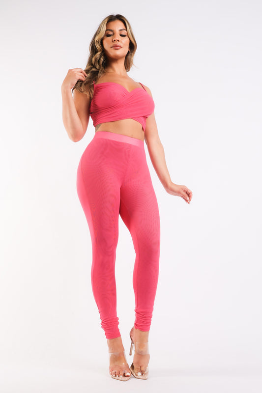 Women's Strappy Mesh Workout Set - High Waisted Leggings & Top