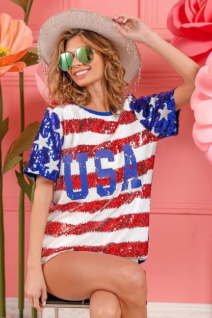 BiBi American Flag Theme USA Lettering Sequin Top