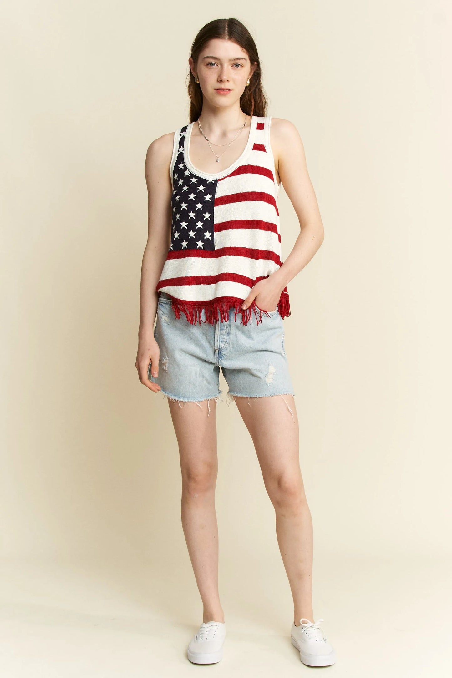 Jade By Jane American Flag Fringe Tank Top