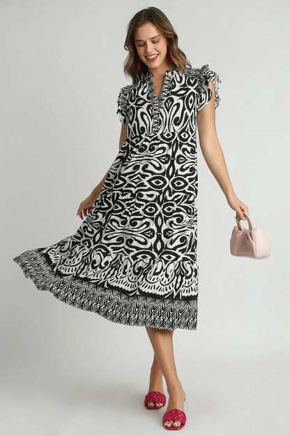 Umgee Full Size Two Tone Border Print Ruffle Cap Sleeve Midi Dress Plus Size