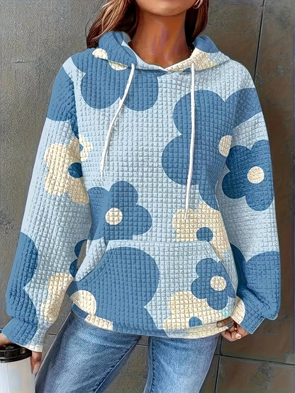 Floral Print Textured Drawstring Hoodie