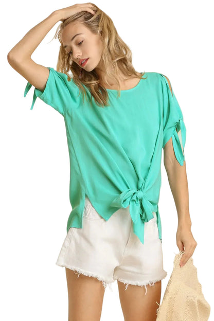 Cold Shoulder Short Sleeve Round Neck Top with Side Slits and Tie-able Knot Details