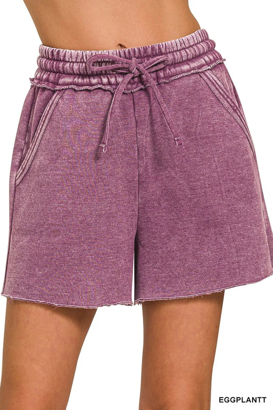 Zenana Acid Wash Fleece Drawstring Shorts With Pockets
