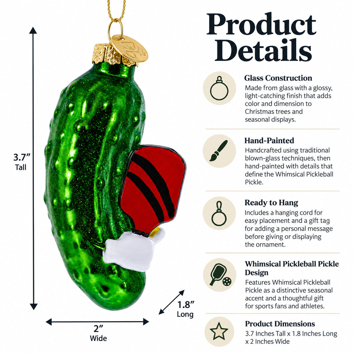 Whimsical Pickleball Pickle Glass Christmas Ornament