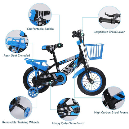 16In Kids\' Bike with Training Wheels Children Bicycle with Helmet Basket Rear Seat Chain Guard for Boys Aged 4-7