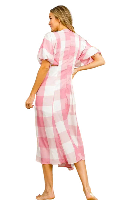Front Tied Puff Sleeve Checkered Dress with Cut Out Detail
