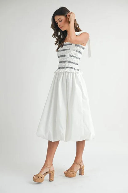 MABLE Smocked Bodice Bubble Midi Dress