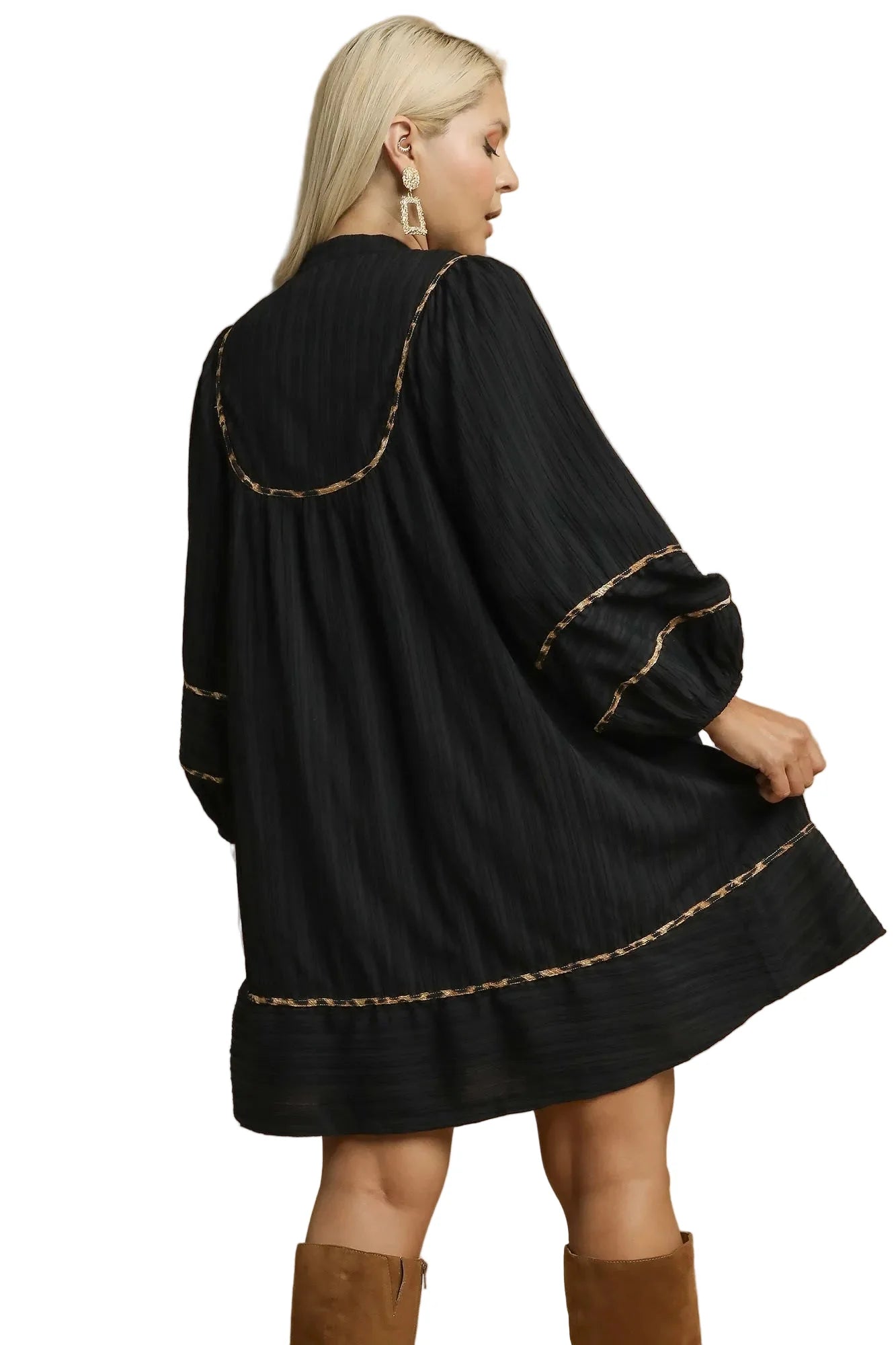 Full Size Textured Babydoll Dress with Leopard Trim Plus Size