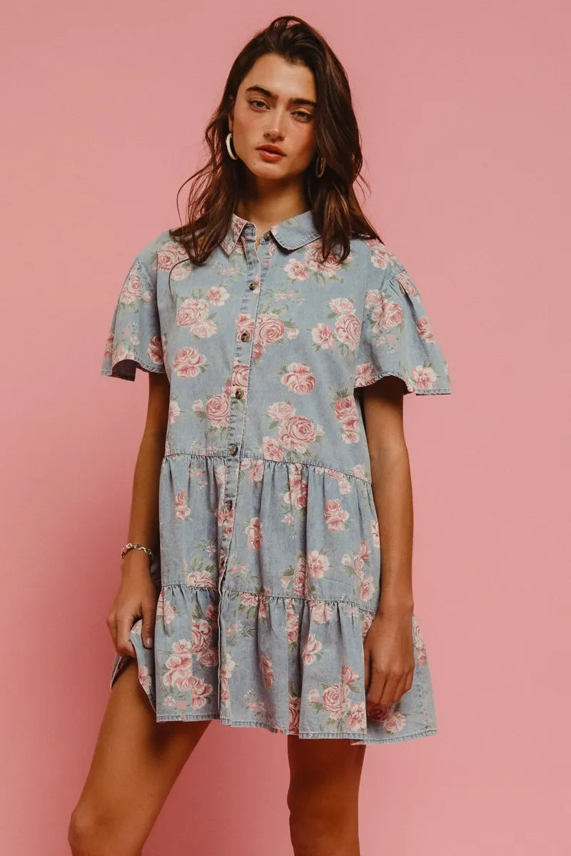 BiBi Floral Print Washed Lightweight Tiered Shirt Dress