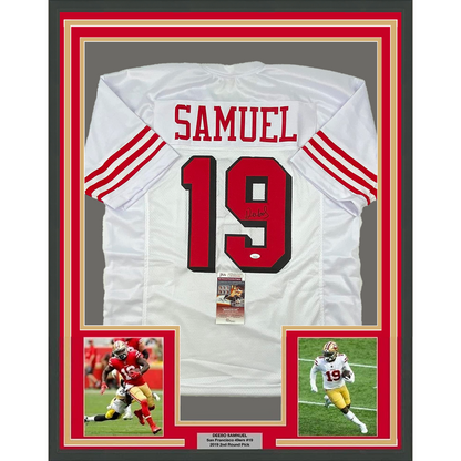 Framed Autographed/Signed Deebo Samuel 35x39 San Francisco White Alternate Football Jersey JSA COA