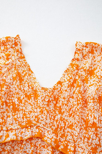 Floral Print Smocked V Neck Wide Sleeve Maxi Dress