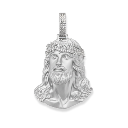 Moissanite Jesus Head Piece Pendant - Solid 925 Sterling Silver Matte Sandblasted Finish