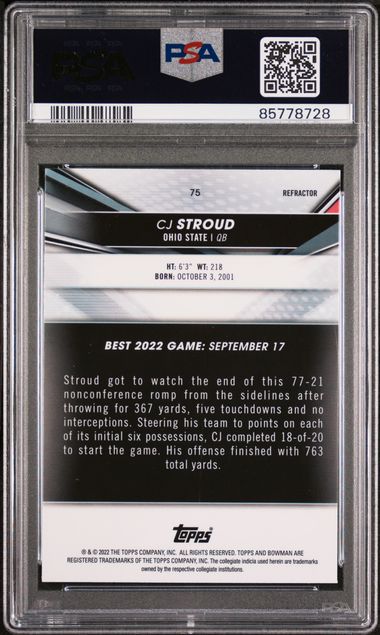 Graded 2022 Bowman Best University CJ Stroud #75 Refractor Rookie RC Football Card PSA 10 Gem Mint