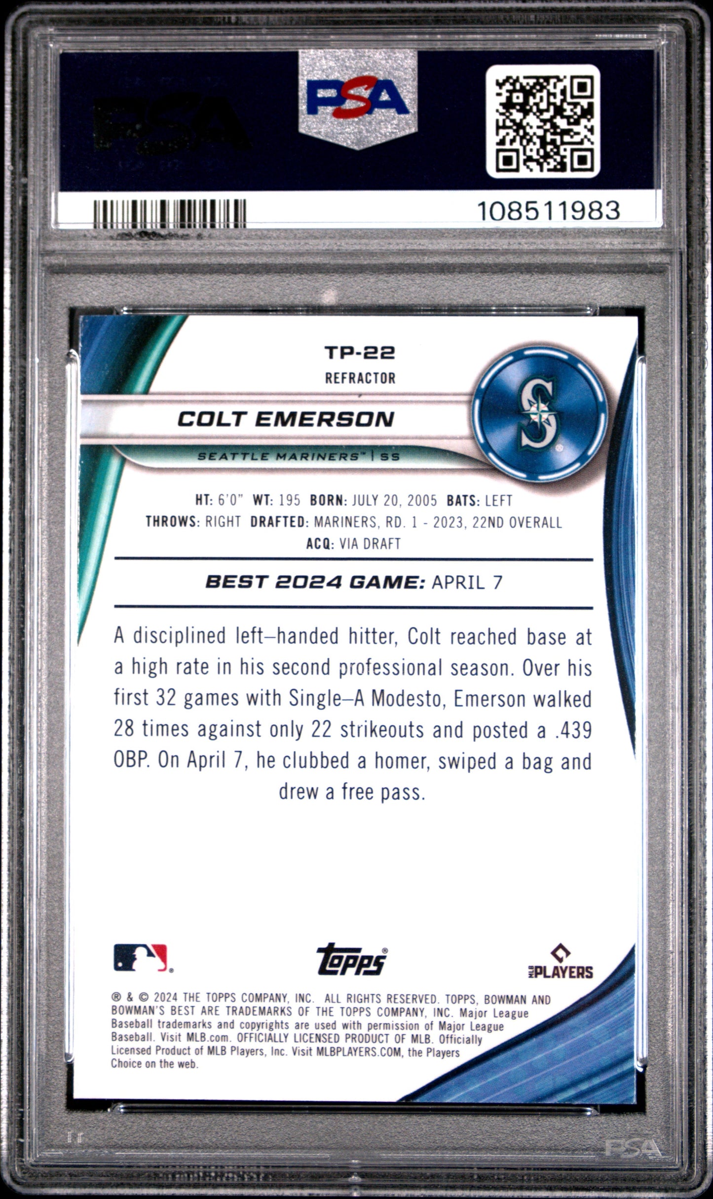 Graded 2024 Topps Bowmans Best Colt Emerson #TP22 Top Prospects Refractor Rookie RC Baseball Card PSA 10 Gem Mint