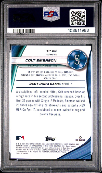 Graded 2024 Topps Bowmans Best Colt Emerson #TP22 Top Prospects Refractor Rookie RC Baseball Card PSA 10 Gem Mint