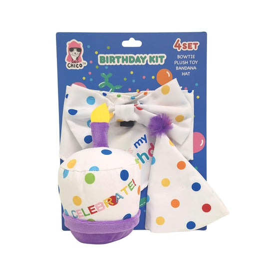 4-Piece Dog Birthday Kit – Celebrate in Style with Bandana, Hat, Bow Tie & Plush Toy