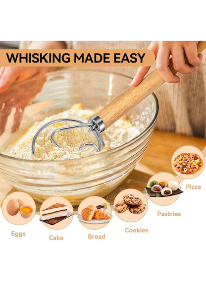 Danish Dough Whisk, 13", Stainless Steel Wire Head, Wooden Handle, Bread Mixer